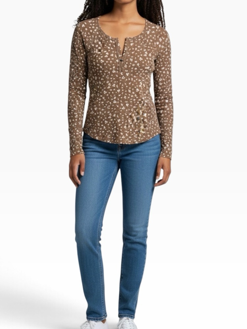 INTIMATELY FREE PEOPLE Brown/White Floral V Neck Henley Top Size Large